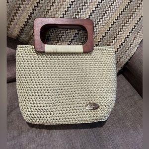Handcrafted handbag, crocheted with wooden handles.  Tan nylon. NEW, never used.